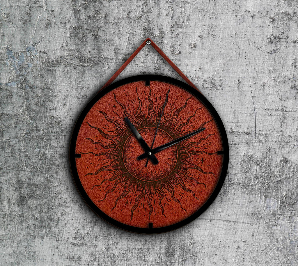 Sun Leather Wall Clock, Engraved Art, Housewarming Gift