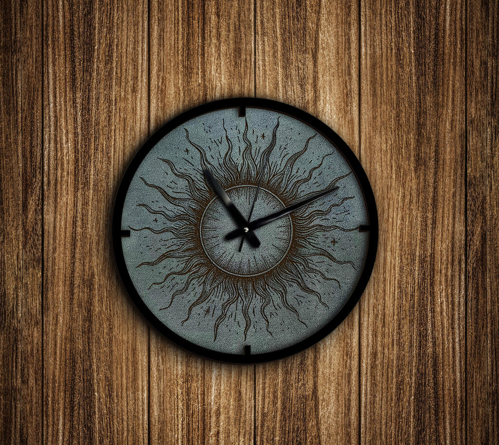 Sun Leather Wall Clock, Engraved Art, Housewarming Gift