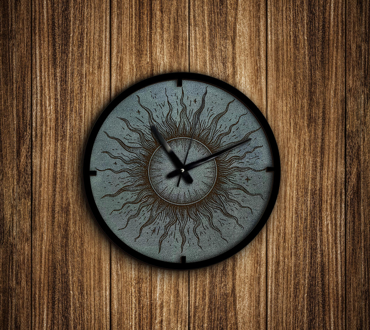 Sun Leather Wall Clock, Engraved Art, Housewarming Gift