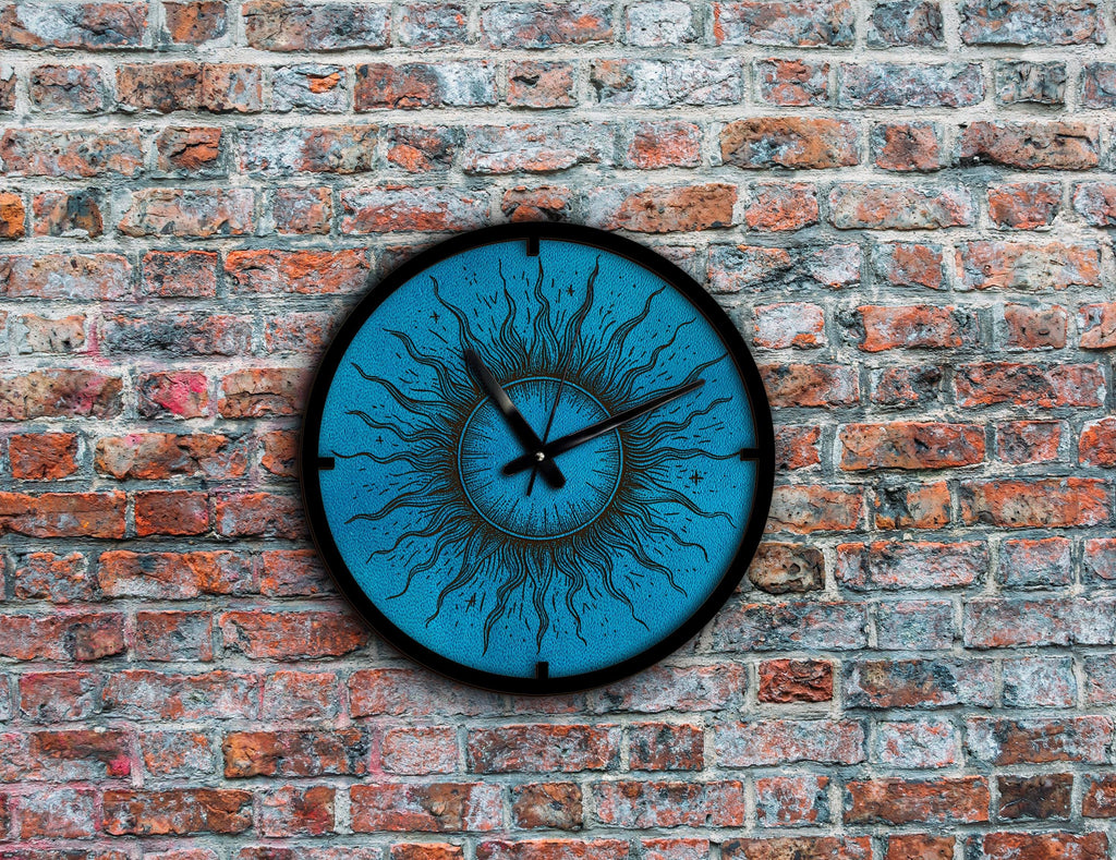 Sun Leather Wall Clock, Engraved Art, Housewarming Gift