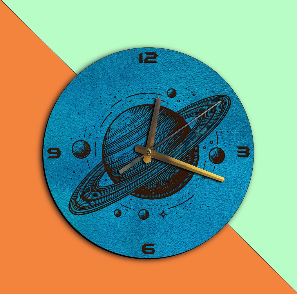 Personalized Planet Leather Wall Clock, Space Decor