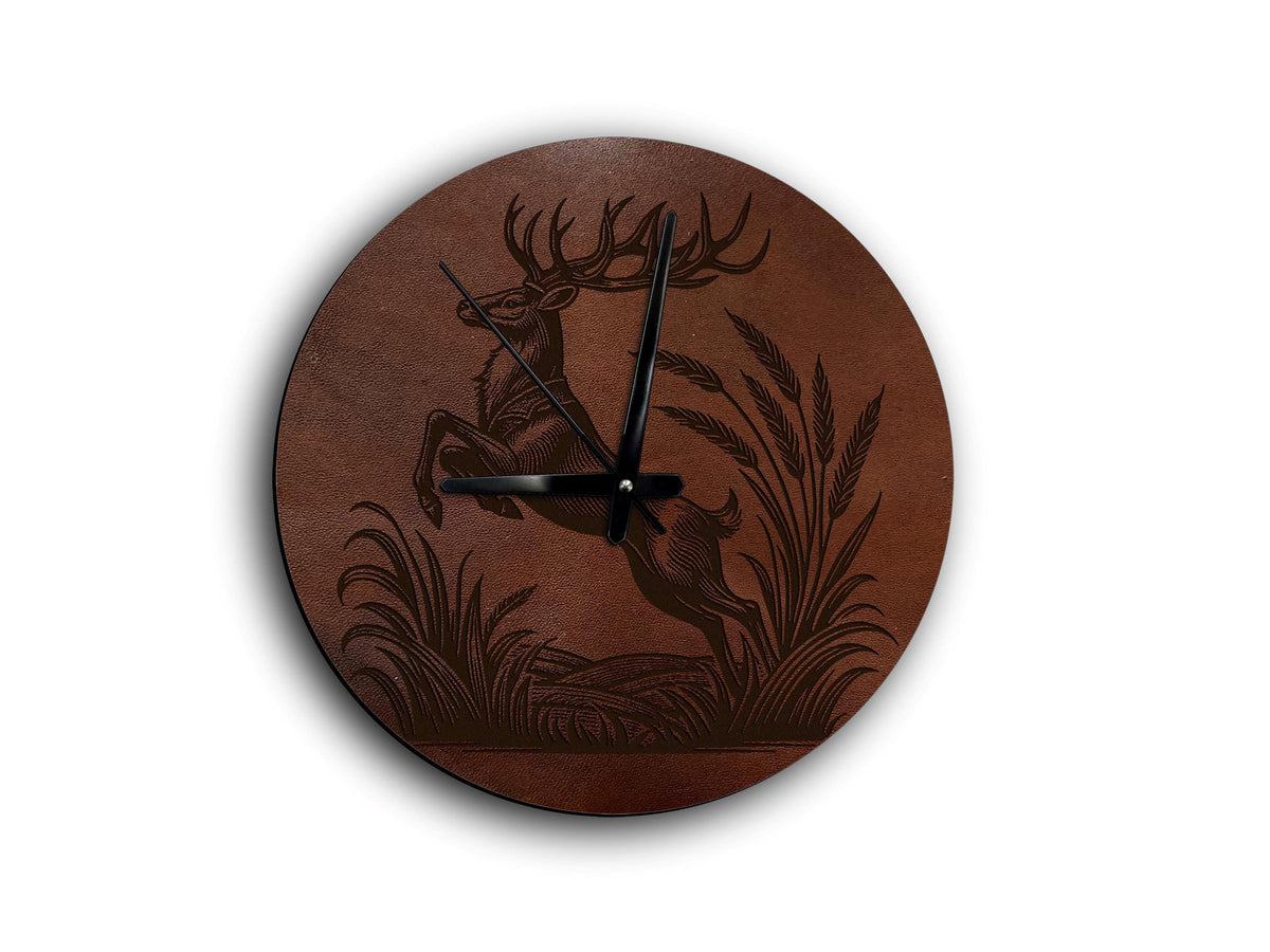 Deer Leather Wall Clock, Hunting Decor, Custom Engraved Gift
