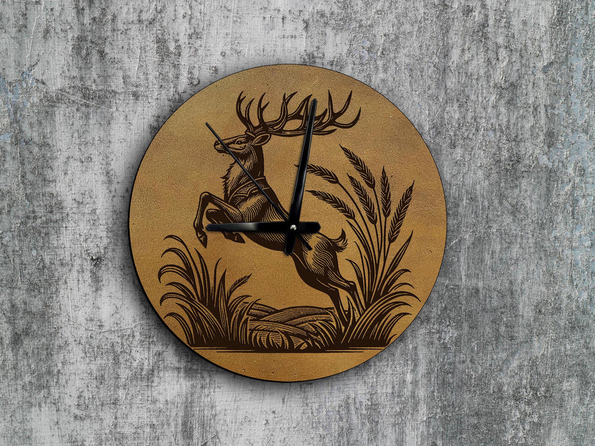 Deer Leather Wall Clock, Hunting Decor, Custom Engraved Gift