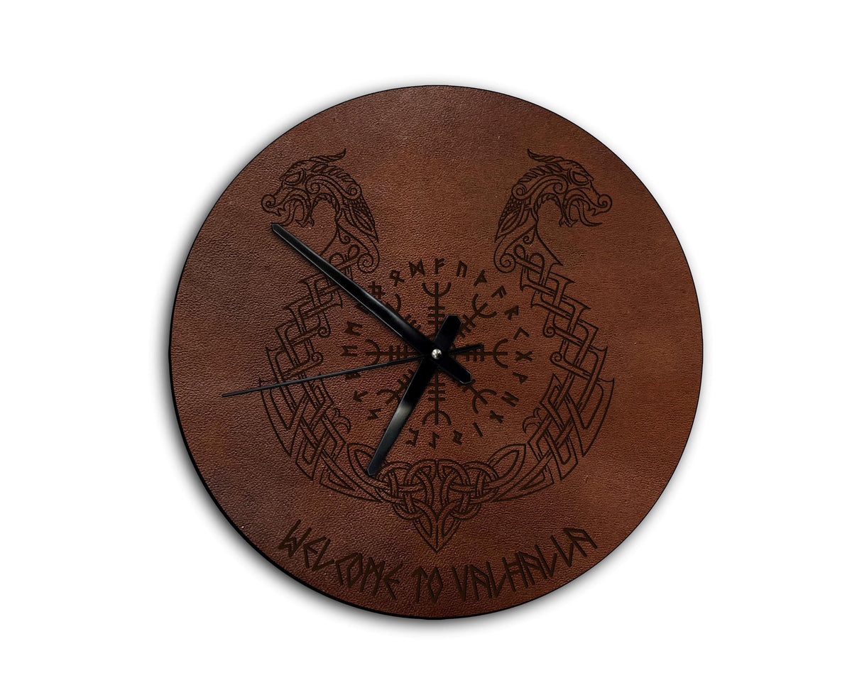 Helm of Awe Leather Wall Clock: Viking Celtic Dragon Engraved