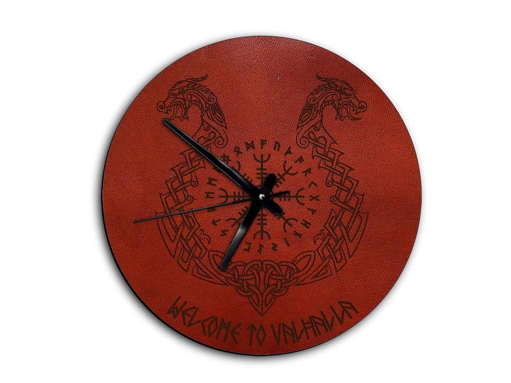 Helm of Awe Leather Wall Clock: Viking Celtic Dragon Engraved