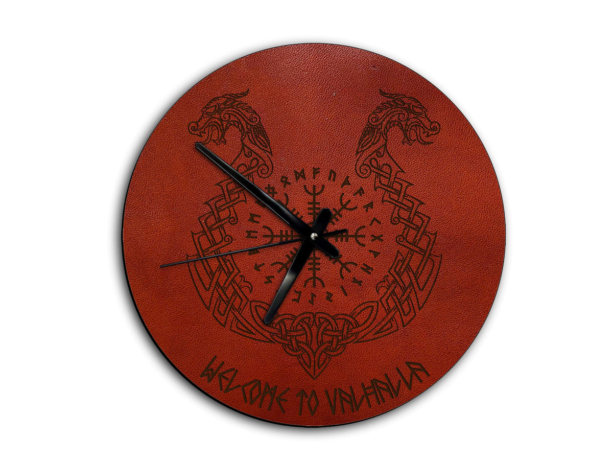Helm of Awe Leather Wall Clock: Viking Celtic Dragon Engraved