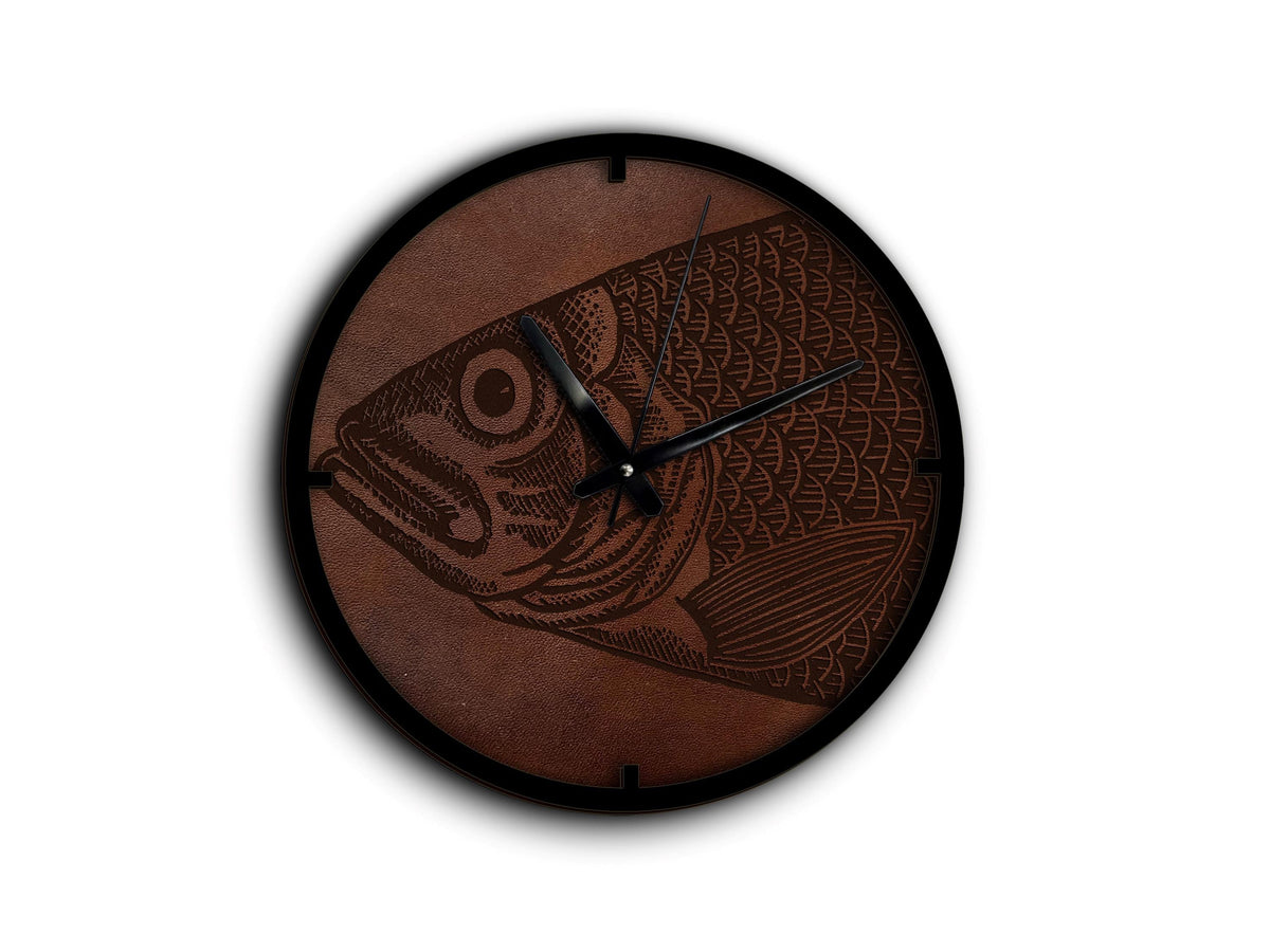 Engraved Leather Fish Clock: Rustic Ocean Wall Decor