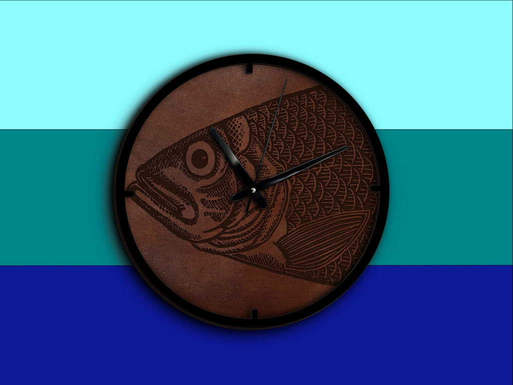 Engraved Leather Fish Clock: Rustic Ocean Wall Decor