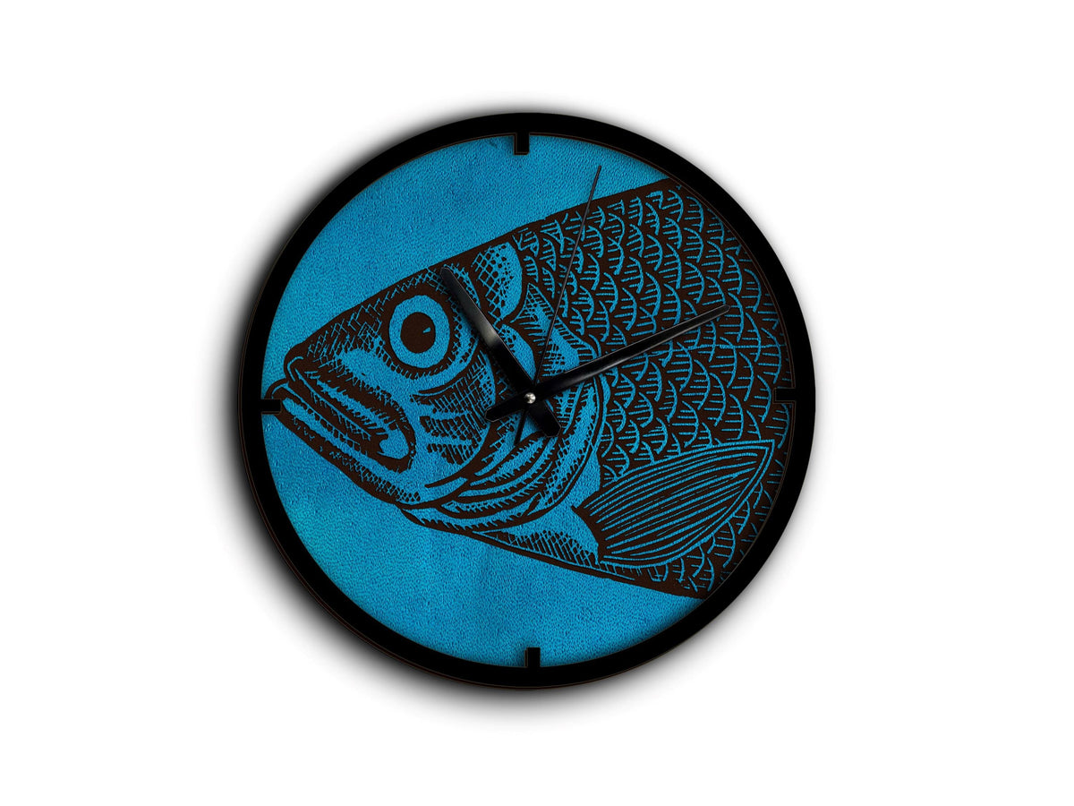 Engraved Leather Fish Clock: Rustic Ocean Wall Decor