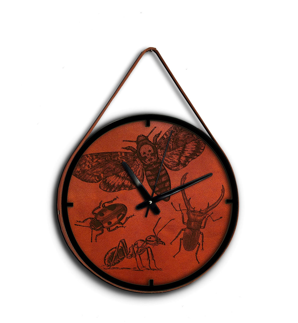 Insect Leather Wall Clock, Beetle Decor, Personalized Engraving
