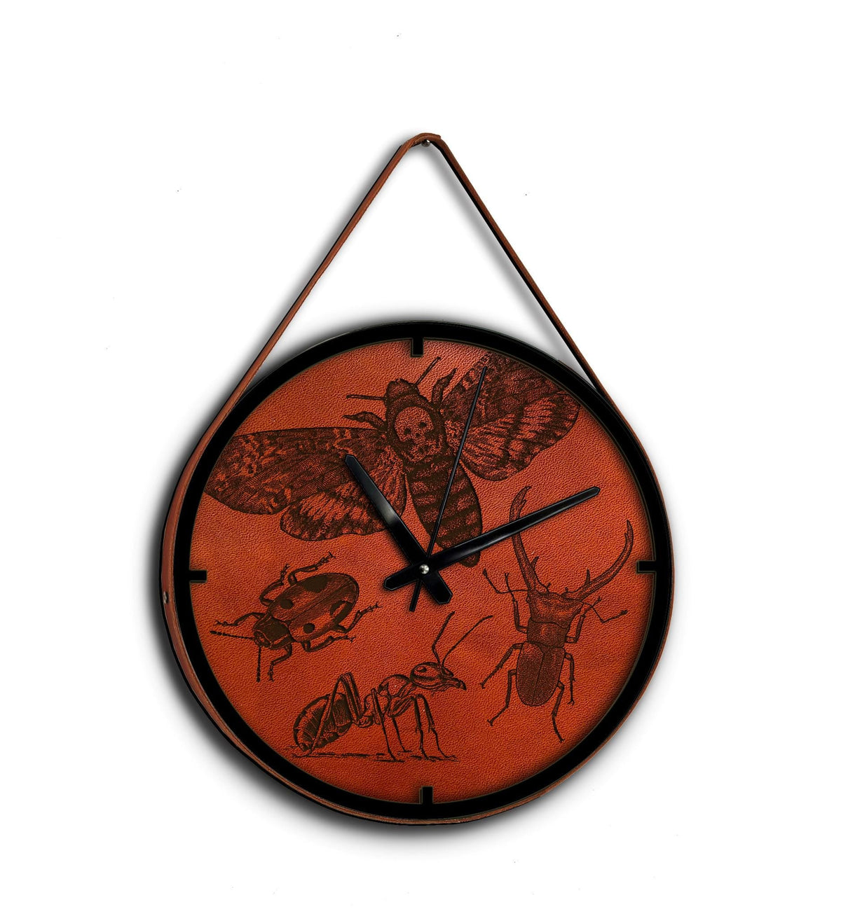 Insect Leather Wall Clock, Beetle Decor, Personalized Engraving
