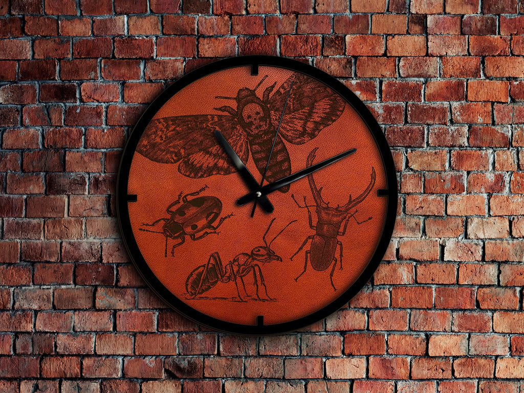 Insect Leather Wall Clock, Beetle Decor, Personalized Engraving