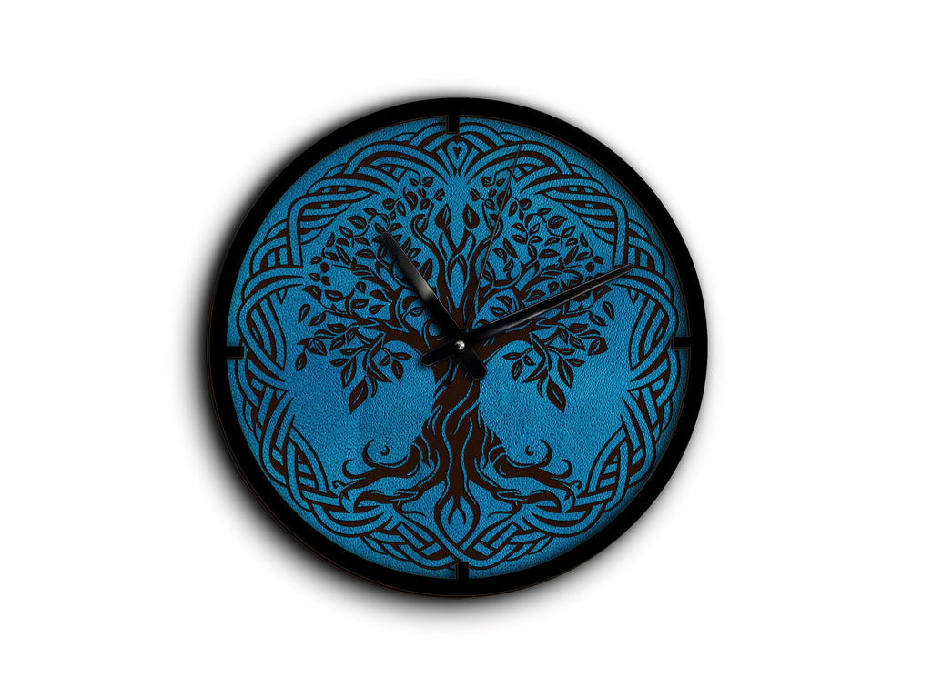 Engraved Leather Tree of Life Clock: Celtic Scandinavian Wall Decor