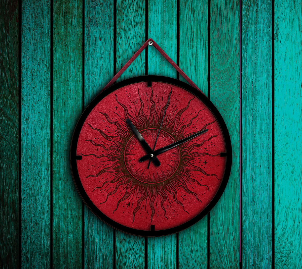 Sun Leather Wall Clock, Engraved Art, Housewarming Gift