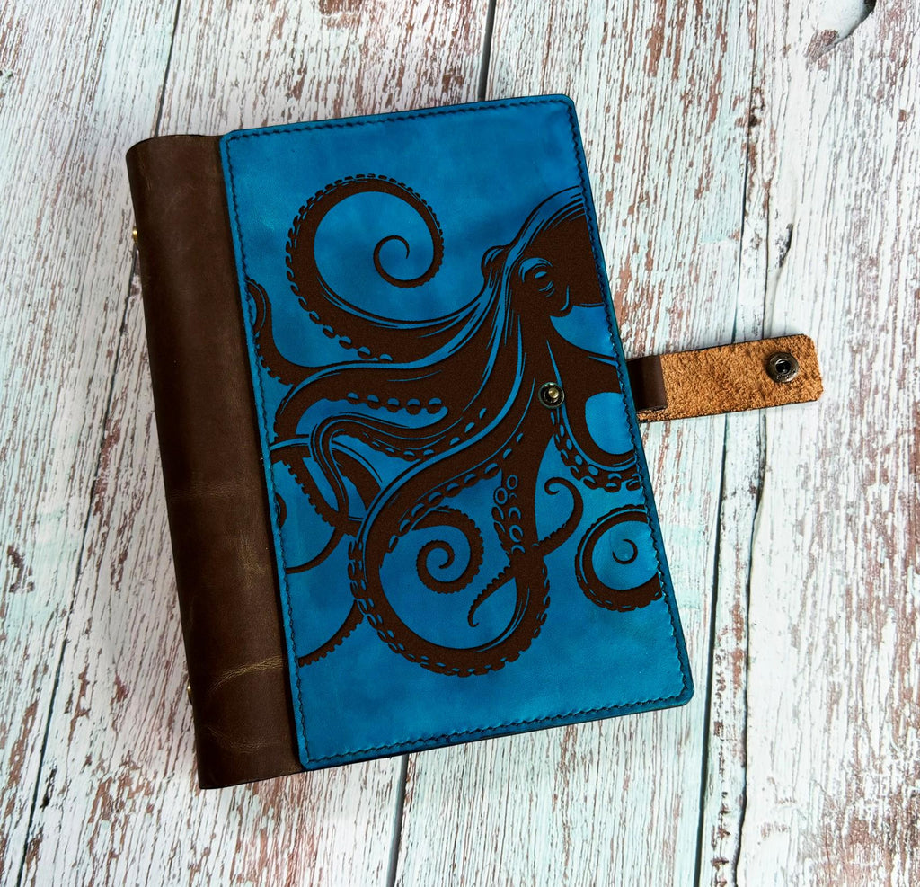 Engraved Octopus Leather Journal Cover: Personalized Kraken Notebook