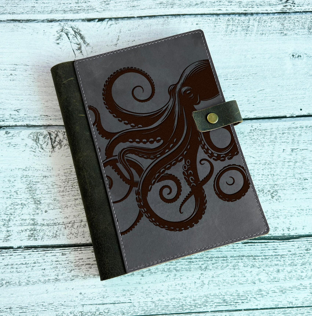 Engraved Octopus Leather Journal Cover: Personalized Kraken Notebook