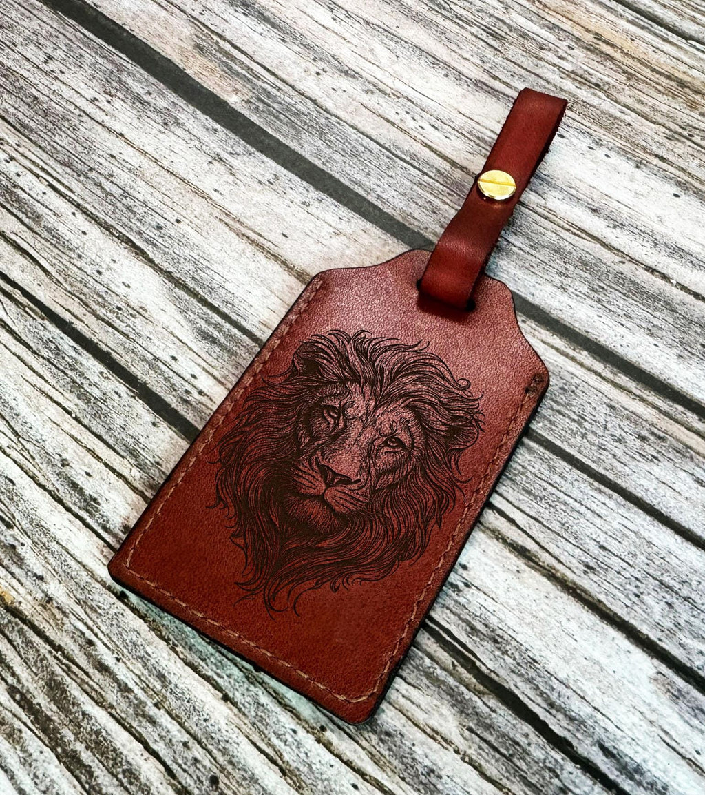 Handmade Leather Luggage Tag: Custom Lion Engraved Name Badge