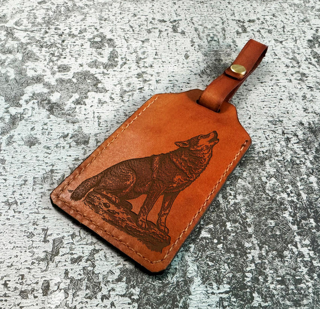 Handmade Wolf Leather Luggage Tag: Personalized Card Holder