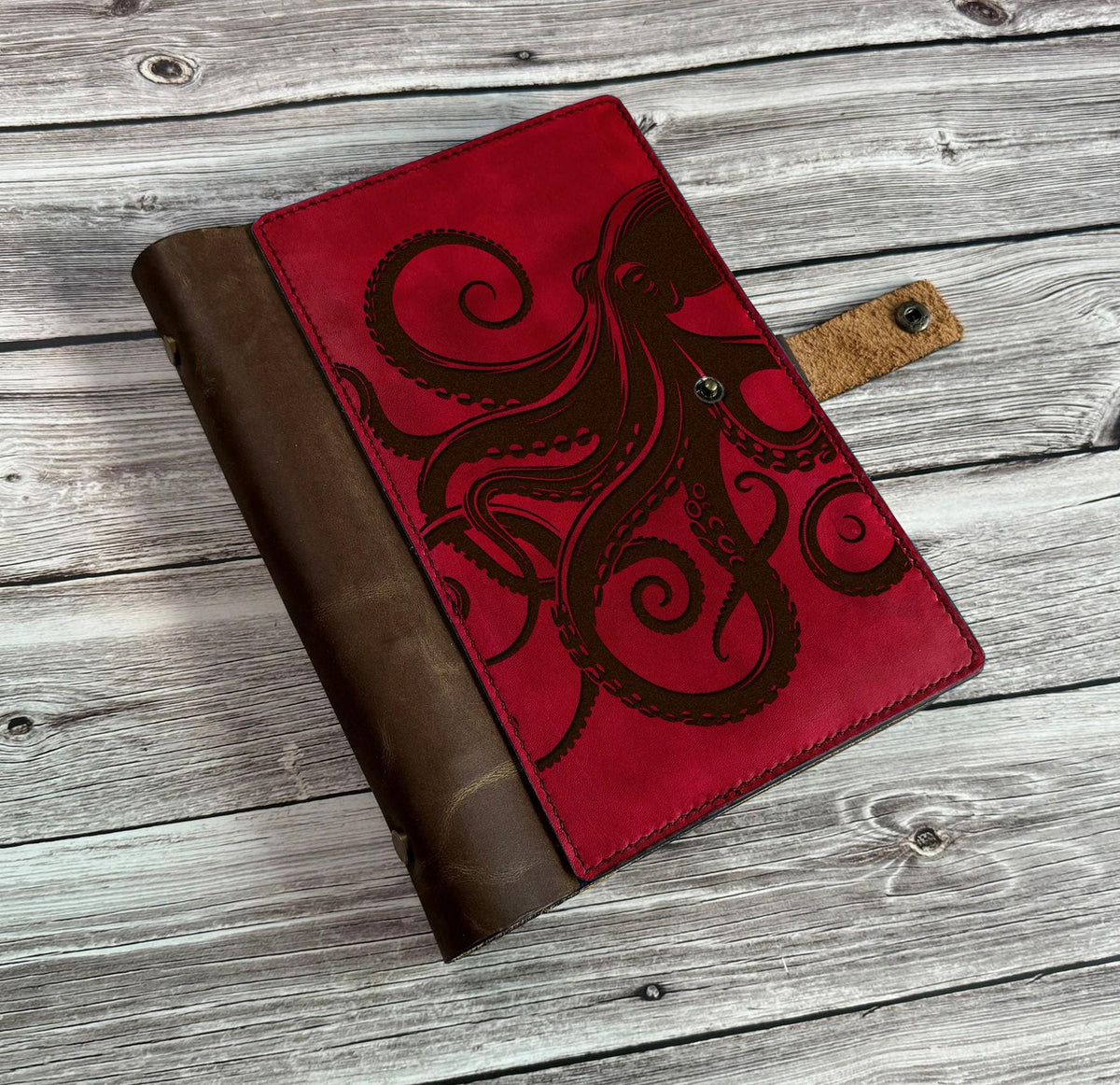 Engraved Octopus Leather Journal Cover: Personalized Kraken Notebook