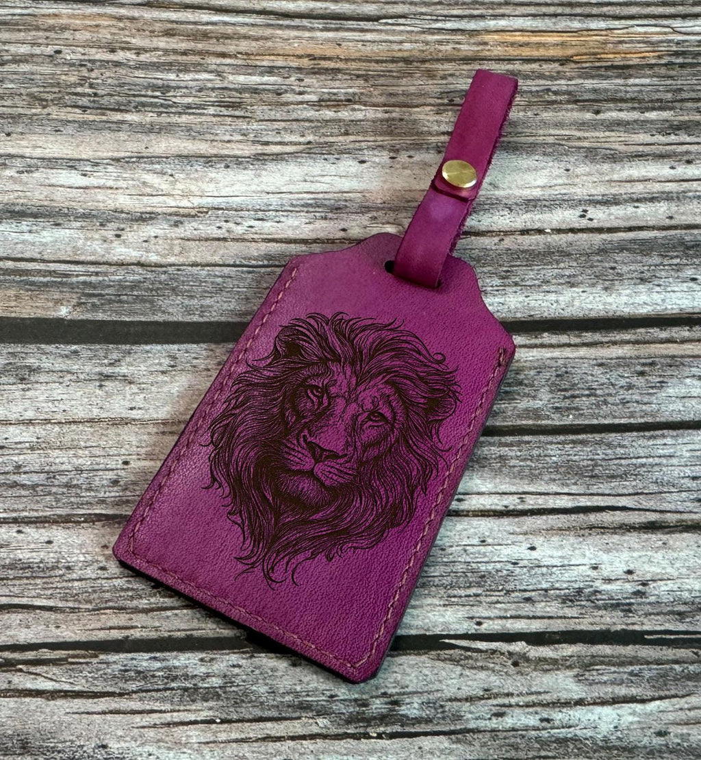 Handmade Leather Luggage Tag: Custom Lion Engraved Name Badge