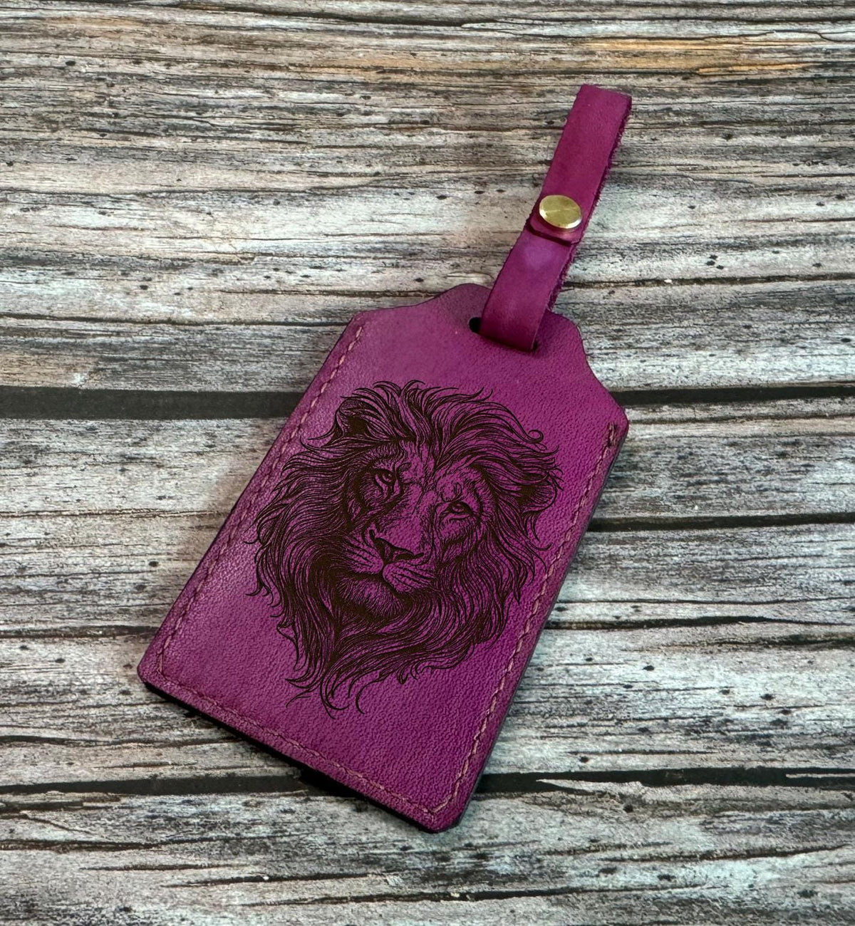 Handmade Leather Luggage Tag: Custom Lion Engraved Name Badge