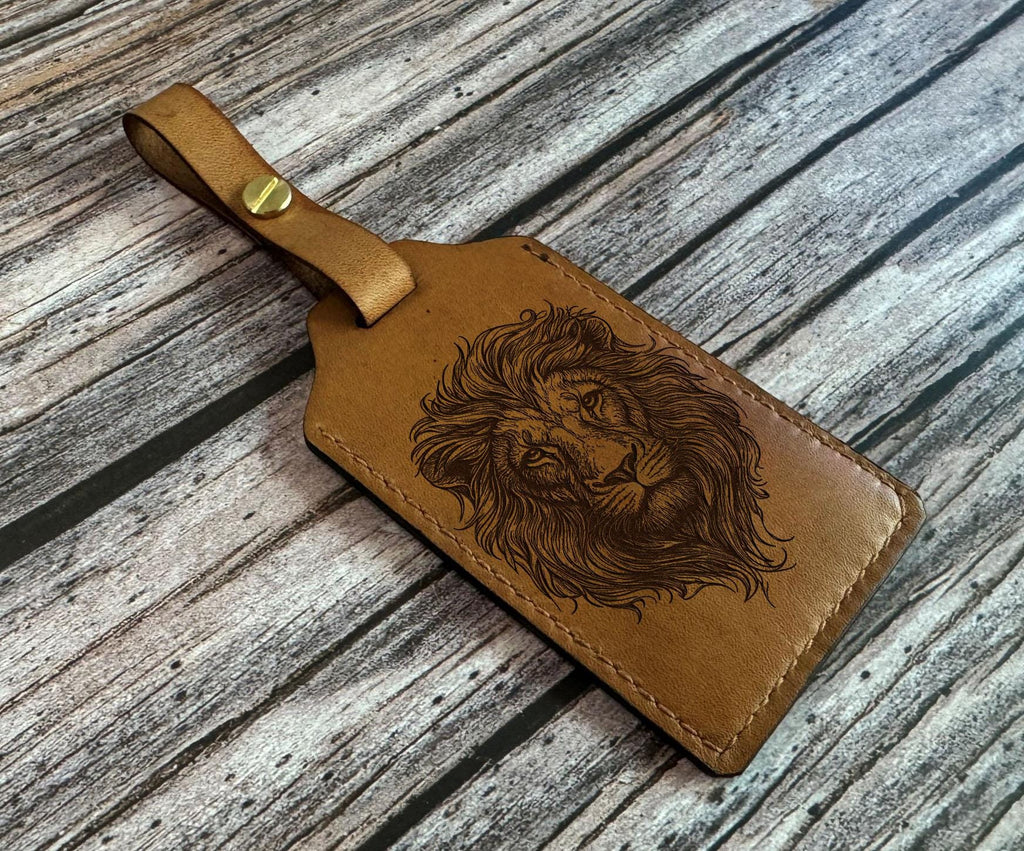 Handmade Leather Luggage Tag: Custom Lion Engraved Name Badge