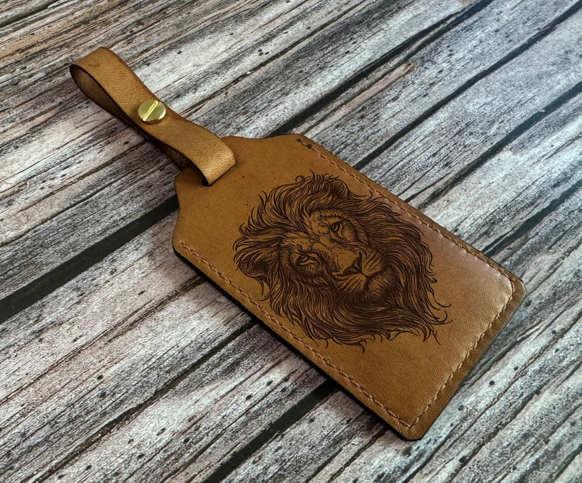 Handmade Leather Luggage Tag: Custom Lion Engraved Name Badge