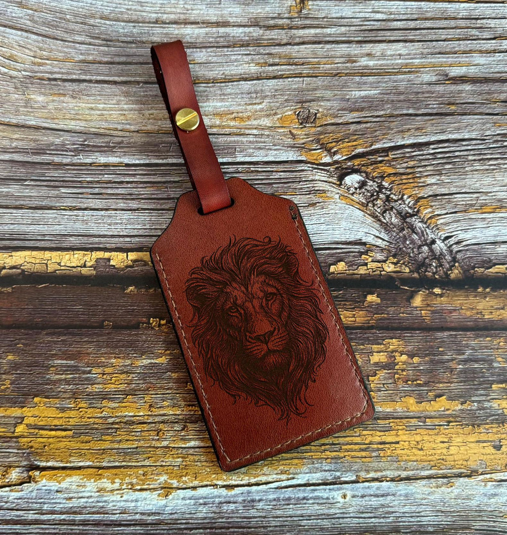 Handmade Leather Luggage Tag: Custom Lion Engraved Name Badge