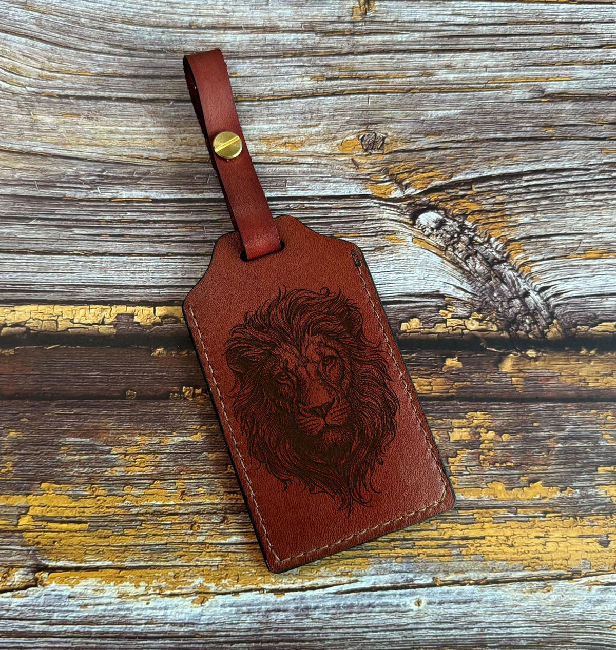 Handmade Leather Luggage Tag: Custom Lion Engraved Name Badge
