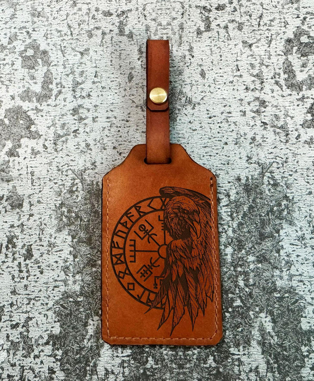 Engraved Raven Leather Luggage Tag: Celtic Viking Compass, Custom Name