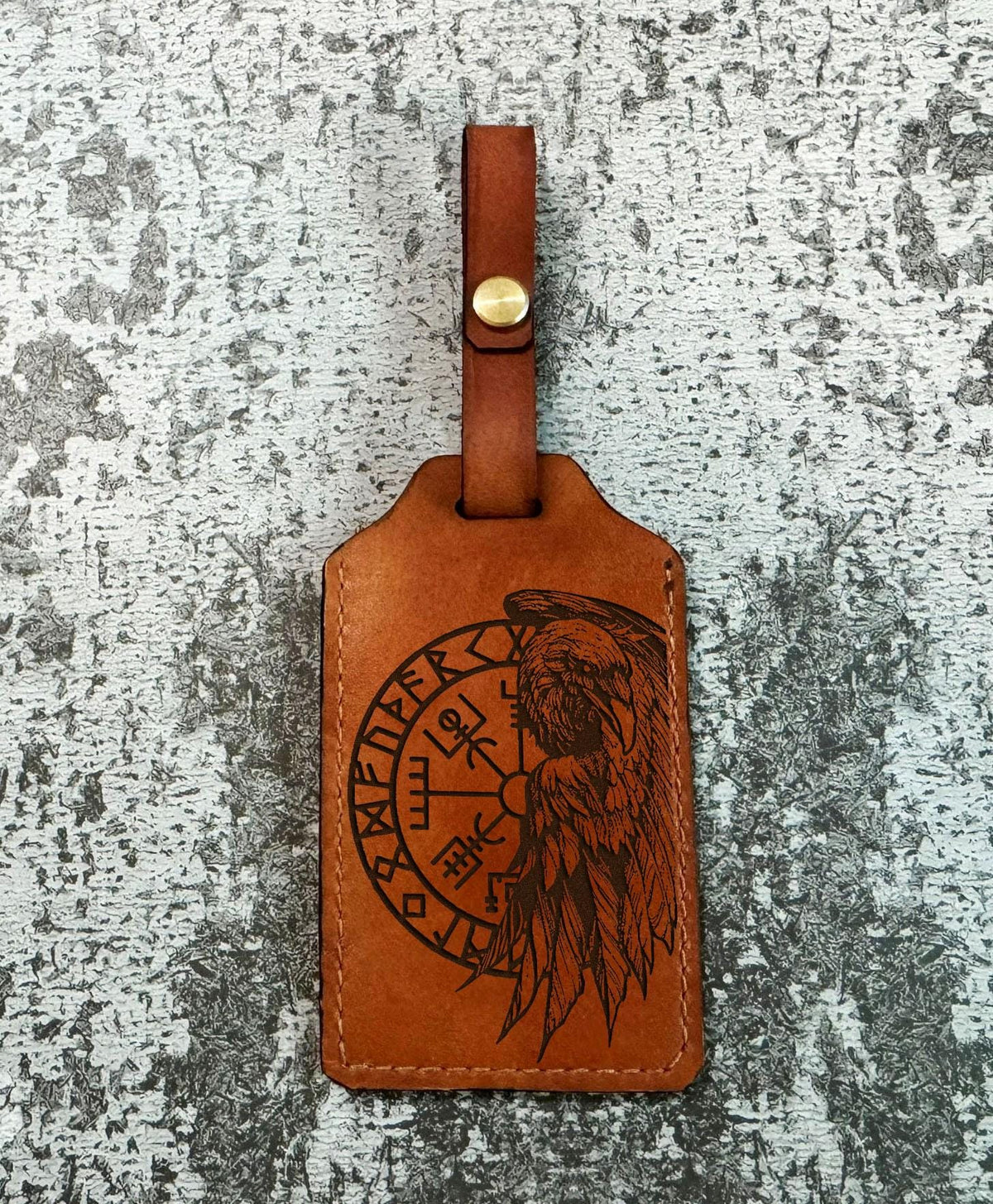 Engraved Raven Leather Luggage Tag: Celtic Viking Compass, Custom Name