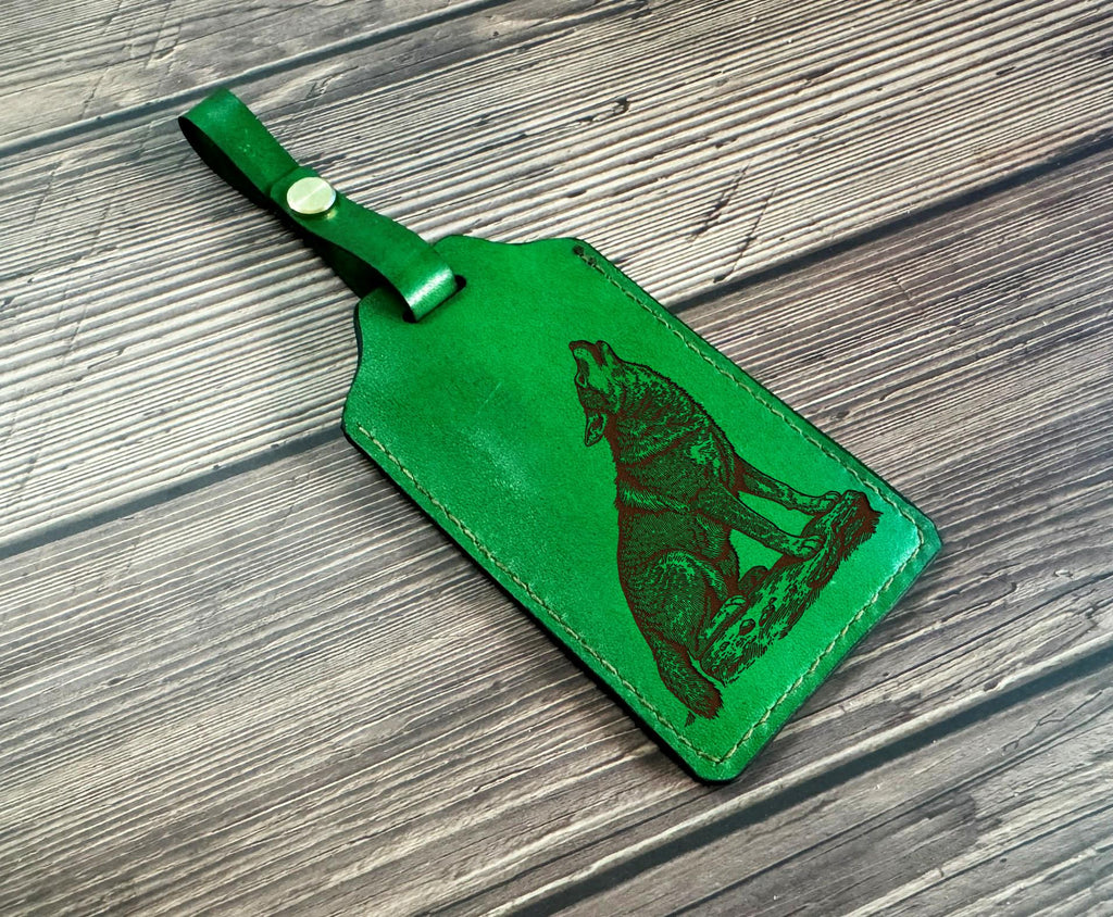Handmade Wolf Leather Luggage Tag: Personalized Card Holder