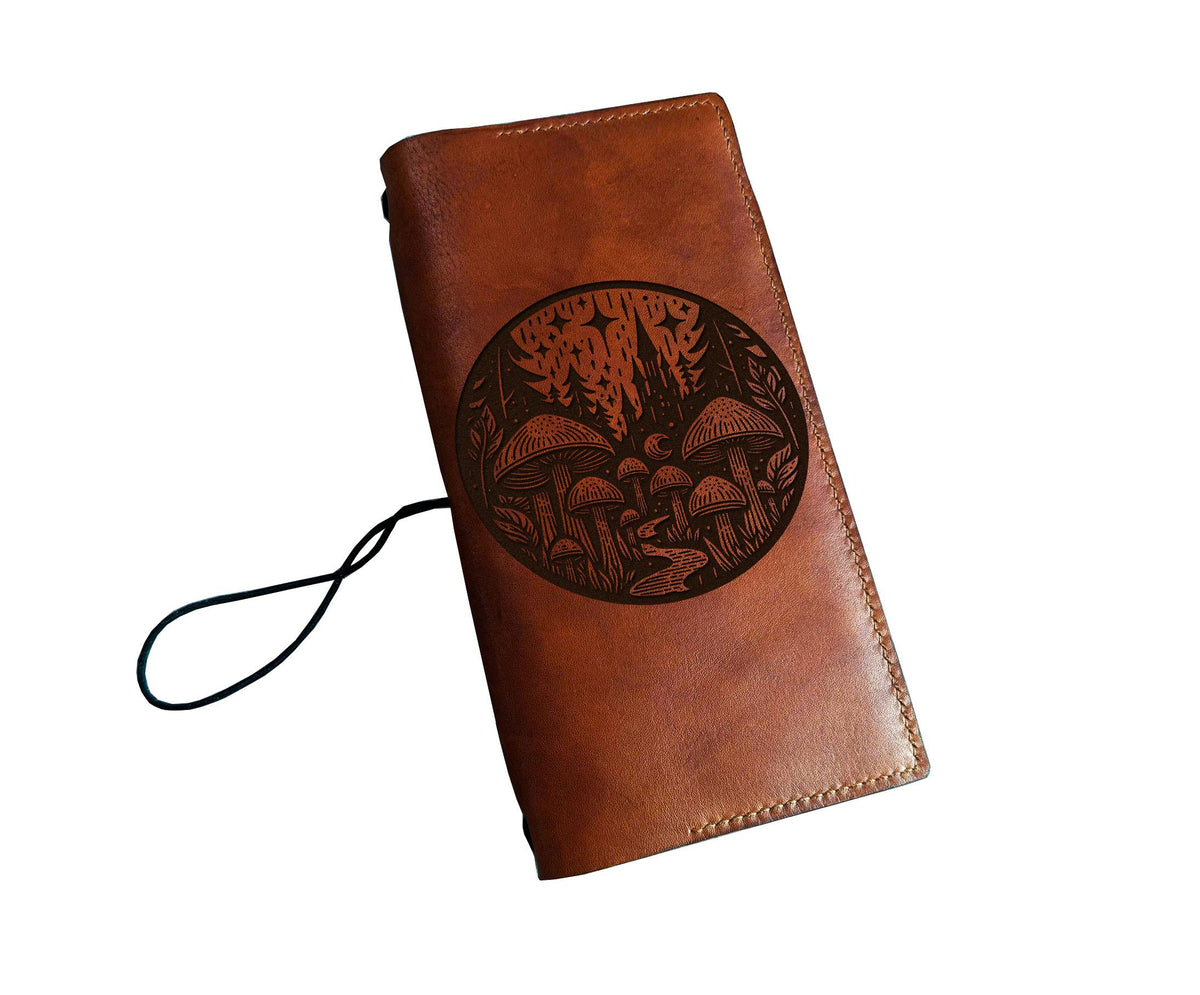 Mushroom Engraved Leather Journal: Refillable Travel Notebook