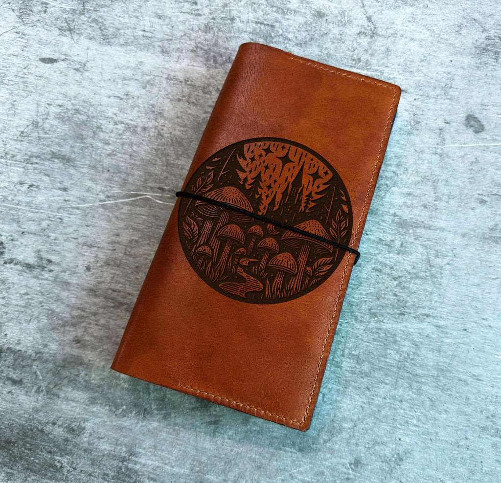 Mushroom Engraved Leather Journal: Refillable Travel Notebook