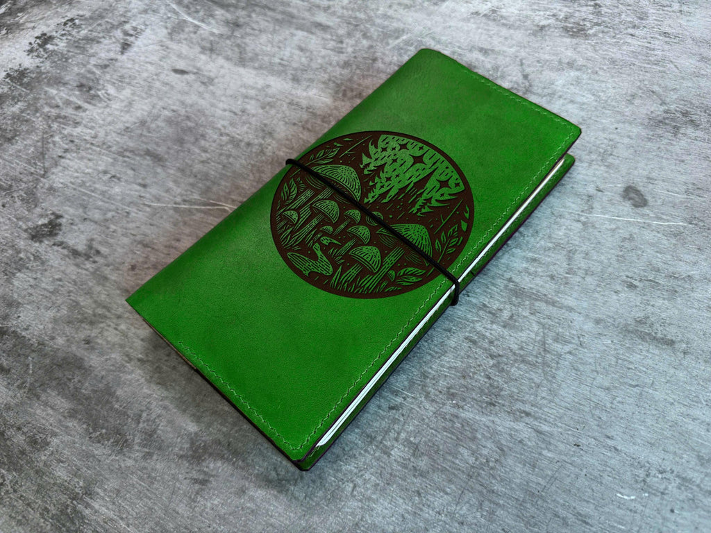 Mushroom Engraved Leather Journal: Refillable Travel Notebook