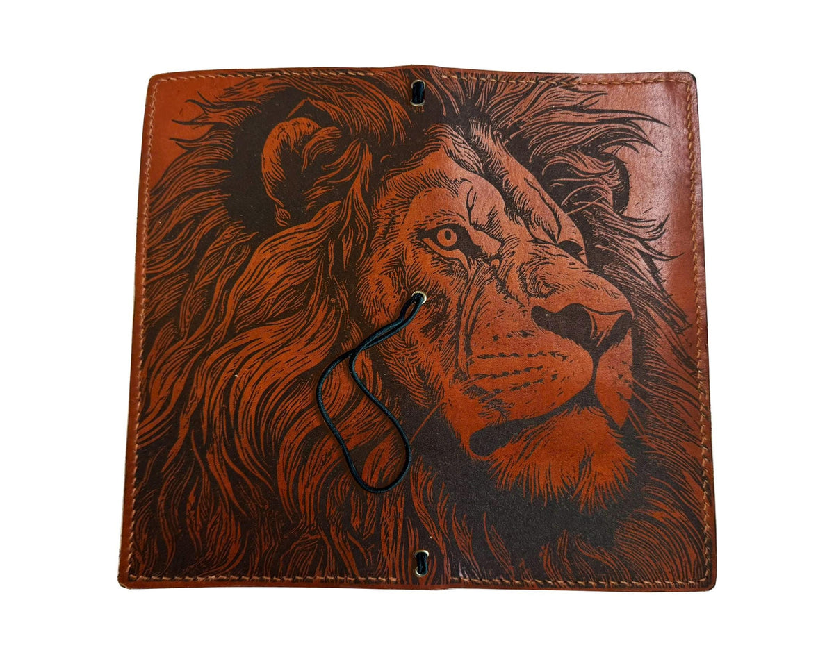 Engraved Lion Leather Travel Journal: Personalized Notebook Cover