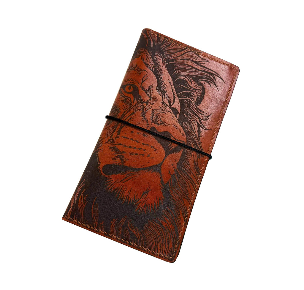 Engraved Lion Leather Travel Journal: Personalized Notebook Cover