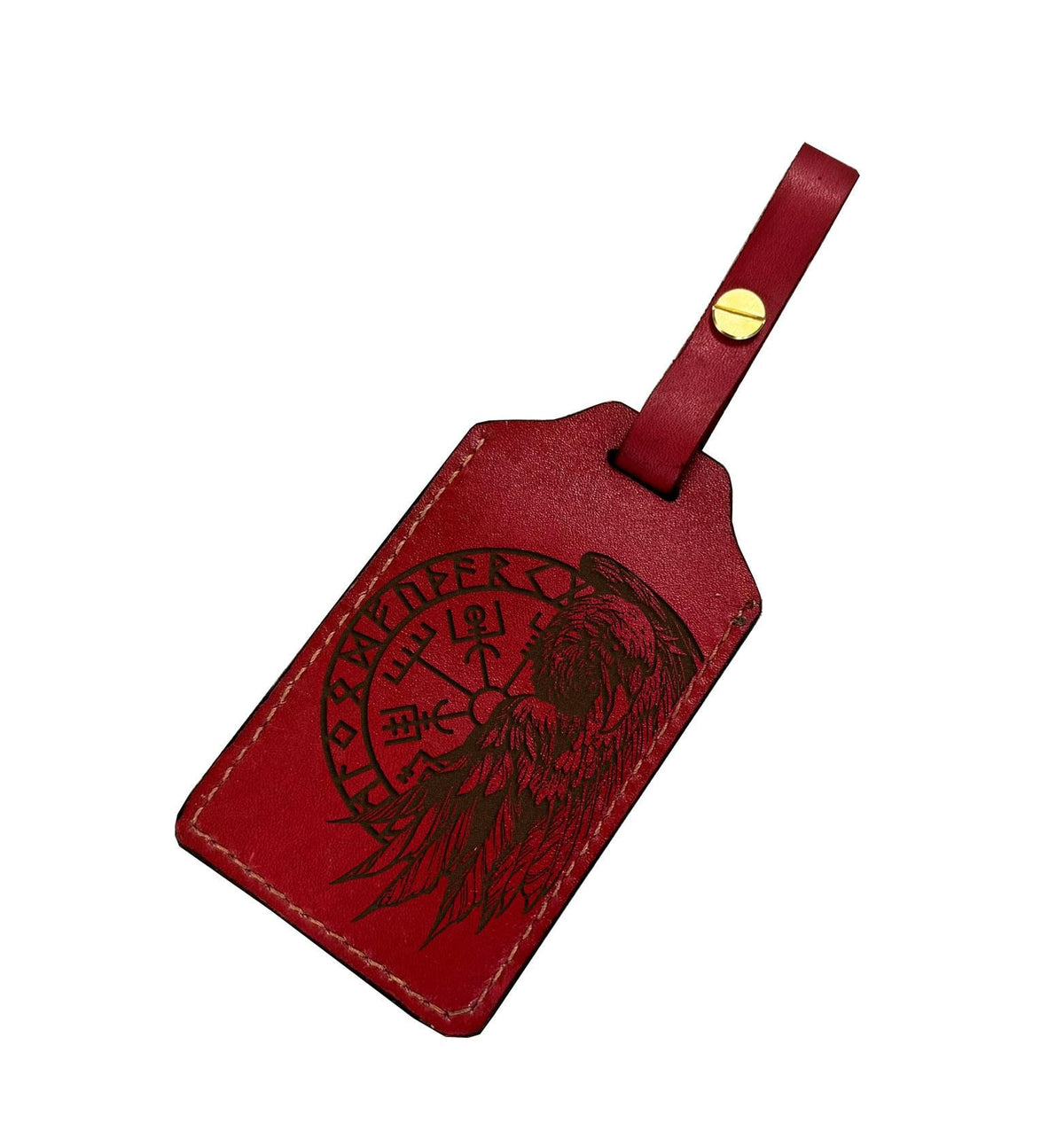 Engraved Raven Leather Luggage Tag: Celtic Viking Compass, Custom Name