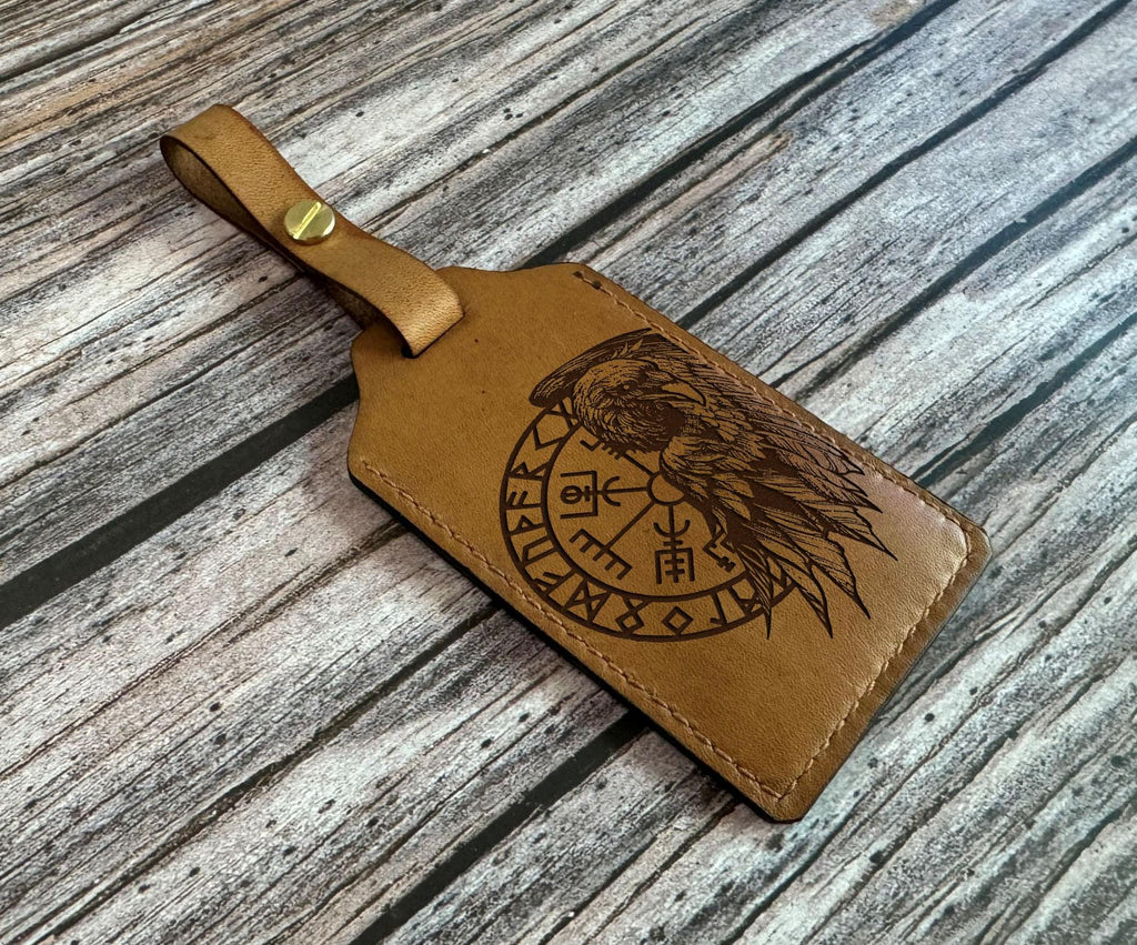 Engraved Raven Leather Luggage Tag: Celtic Viking Compass, Custom Name