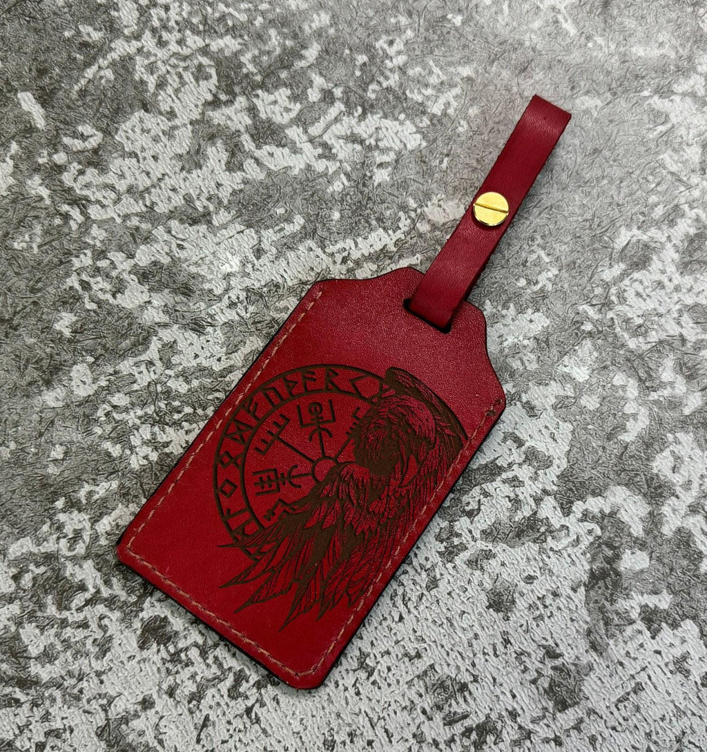 Engraved Raven Leather Luggage Tag: Celtic Viking Compass, Custom Name