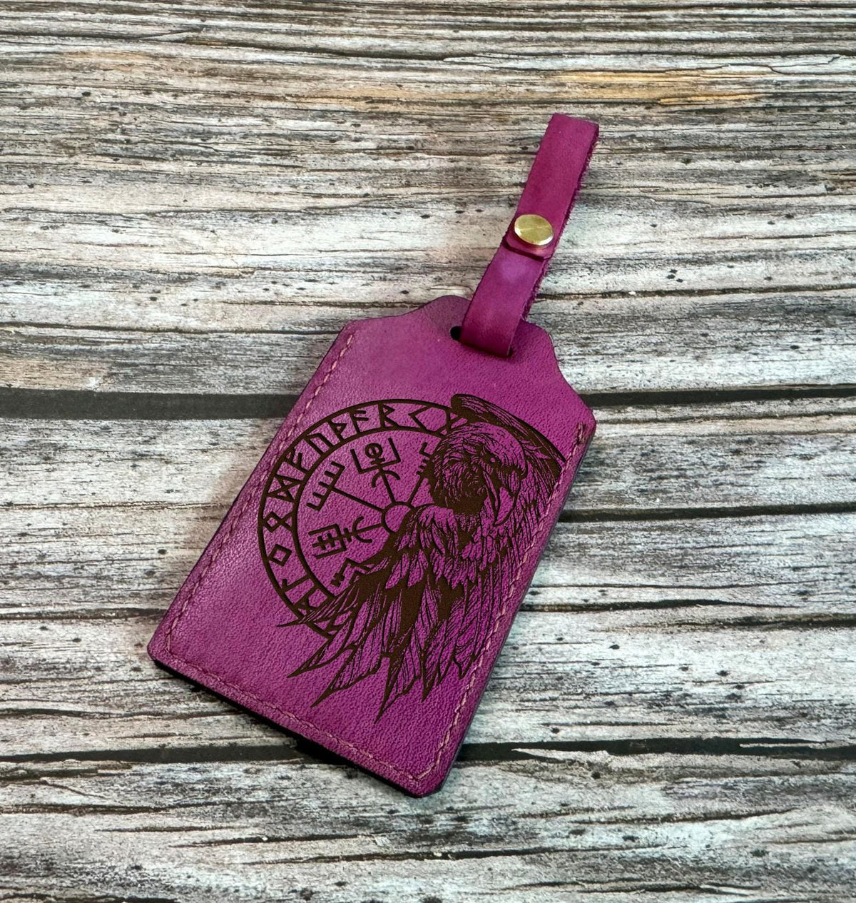 Engraved Raven Leather Luggage Tag: Celtic Viking Compass, Custom Name