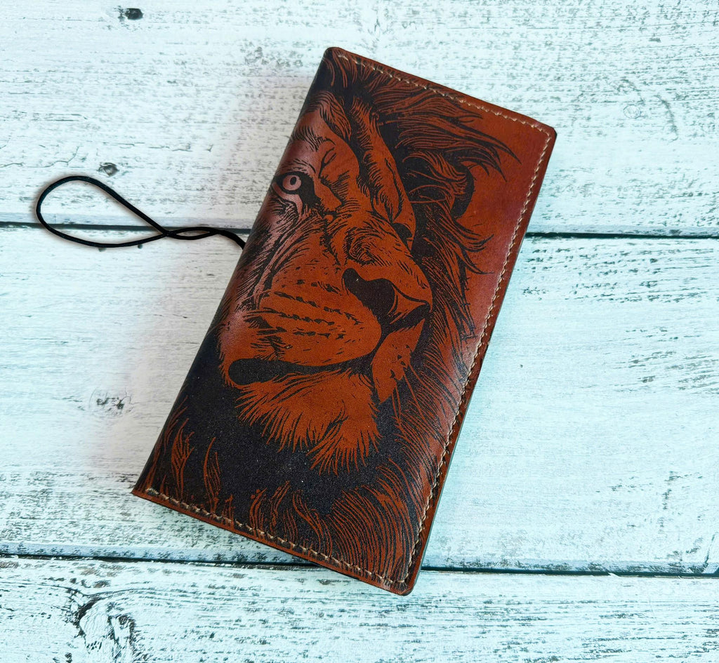 Engraved Lion Leather Travel Journal: Personalized Notebook Cover
