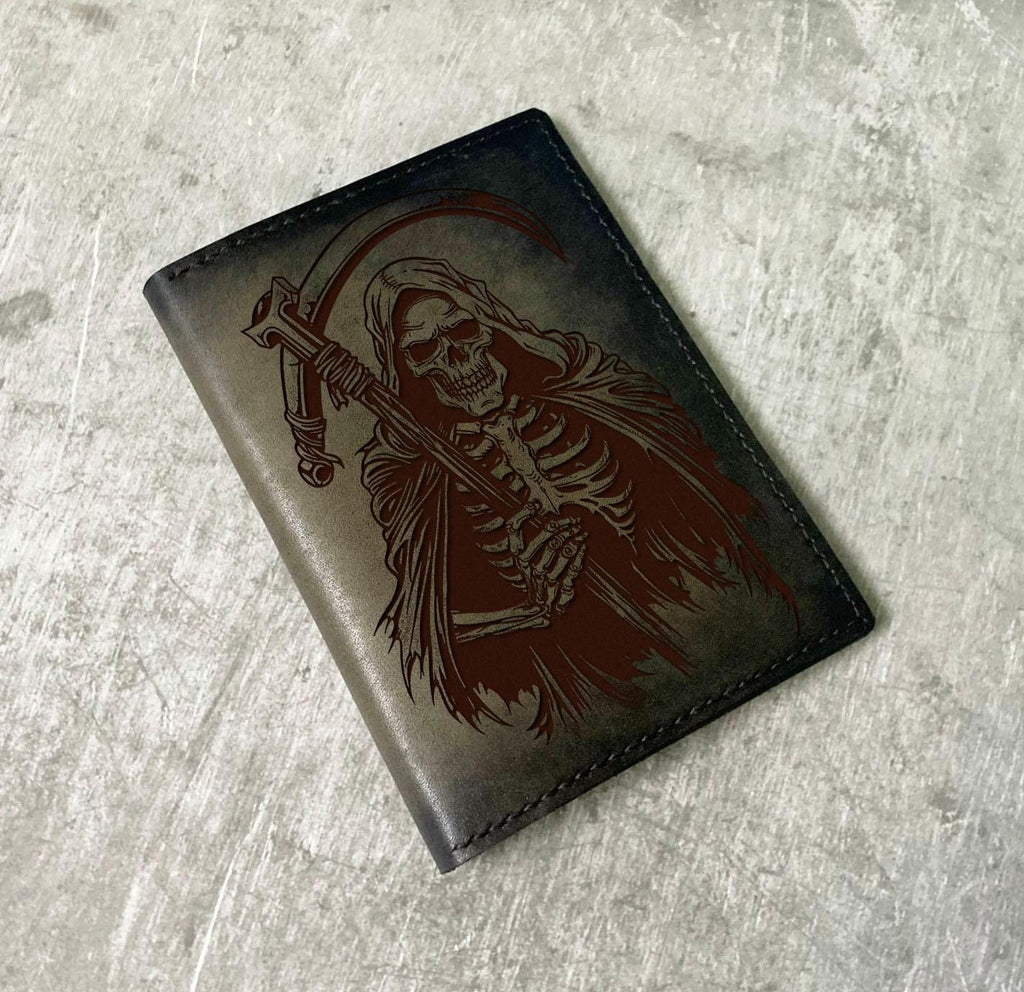 Engraved Leather Journal Cover, Grim Reaper Notebook, Horror Style