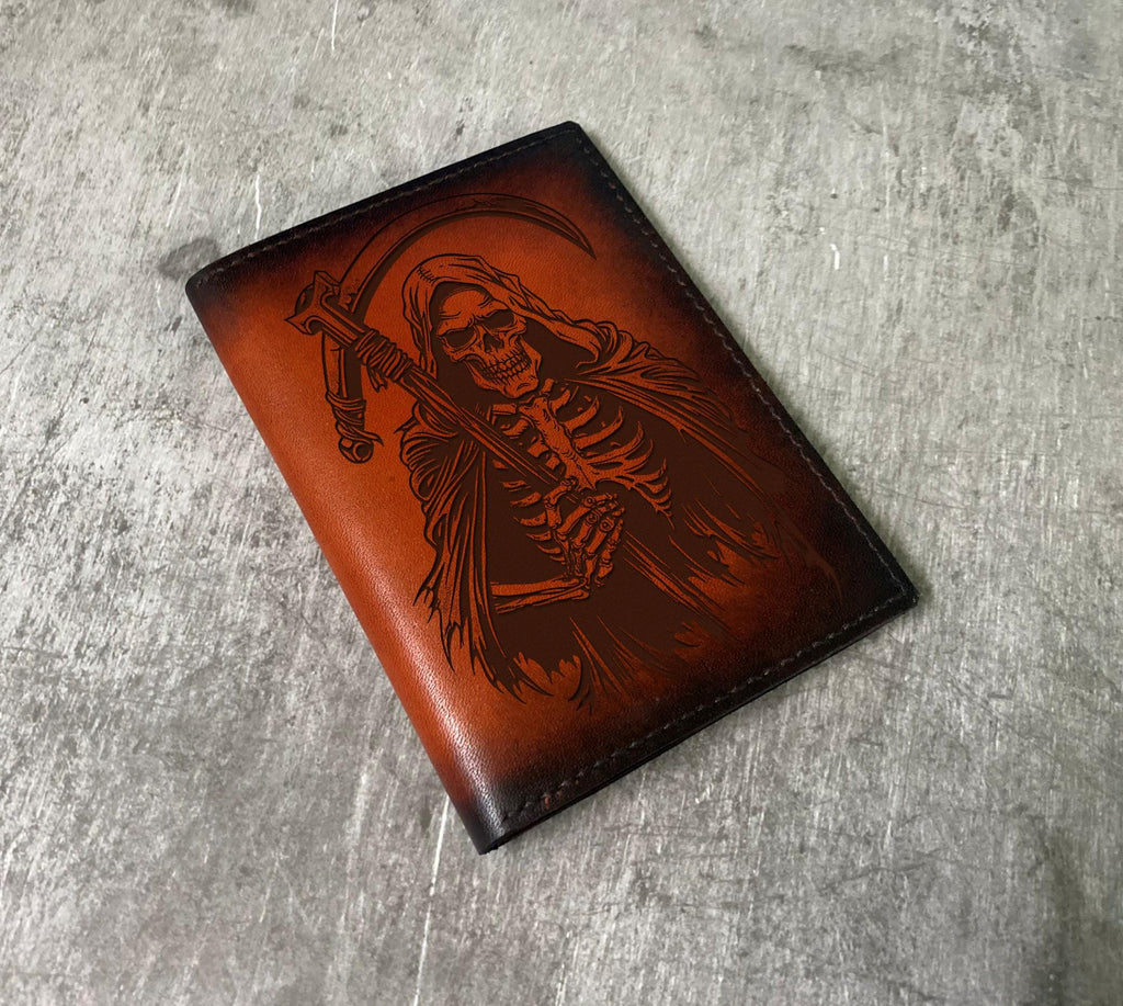 Engraved Leather Journal Cover, Grim Reaper Notebook, Horror Style