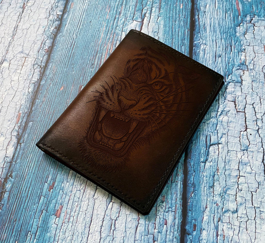 Engraved Tiger Leather Journal Cover A5 - Handcrafted Notebook Case