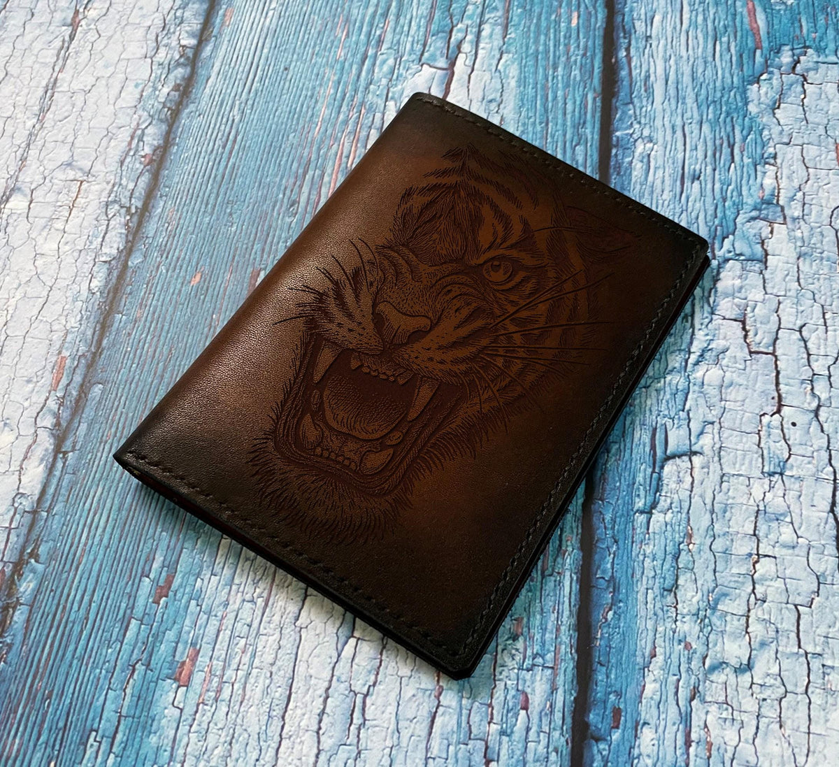Engraved Tiger Leather Journal Cover A5 - Handcrafted Notebook Case
