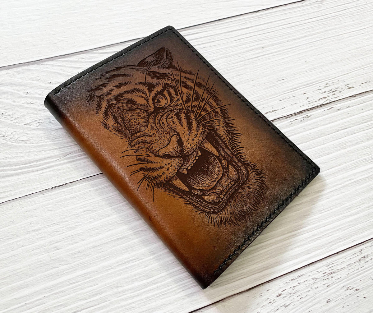 Engraved Tiger Leather Journal Cover A5 - Handcrafted Notebook Case