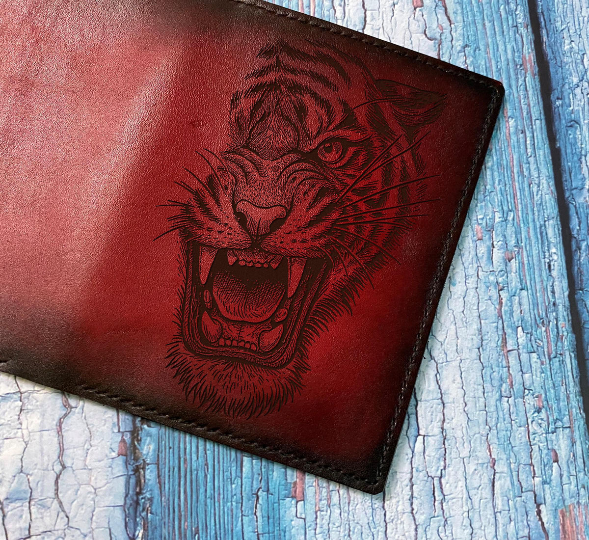 Engraved Tiger Leather Journal Cover A5 - Handcrafted Notebook Case