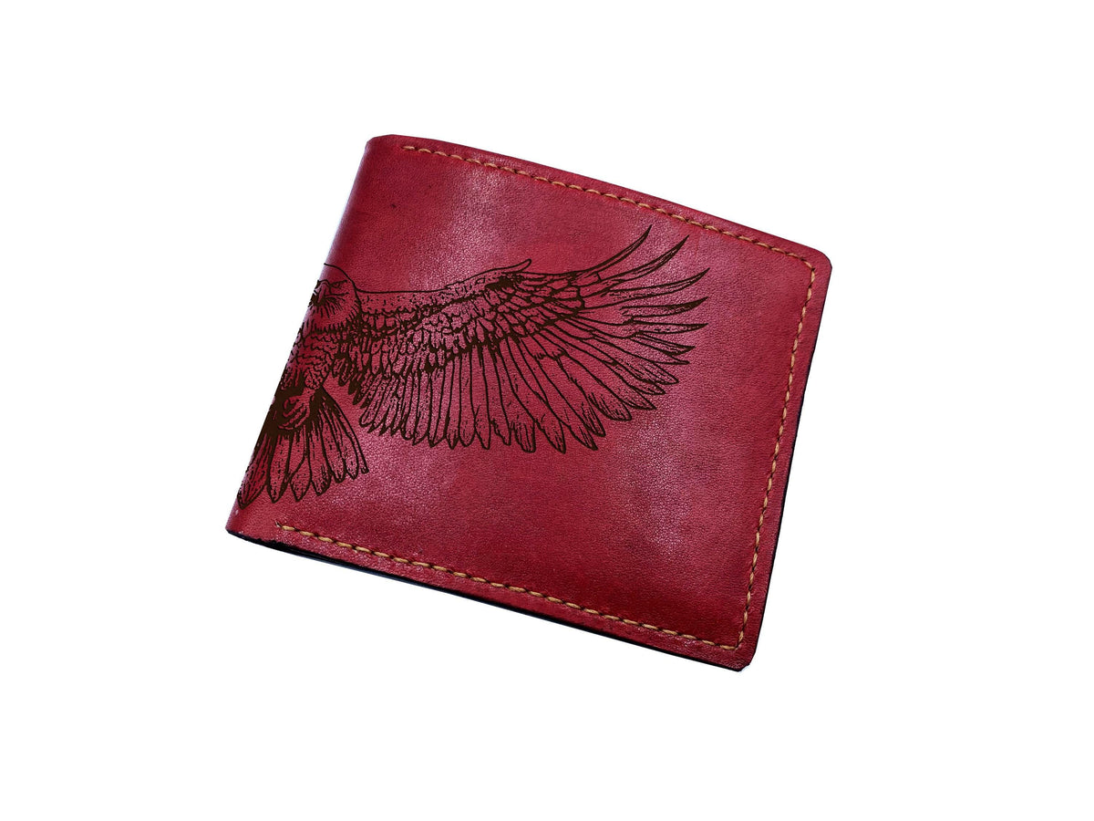 Engraved Eagle Leather Wallet, Genuine Handmade Bifold, Anniversary Gift for Him