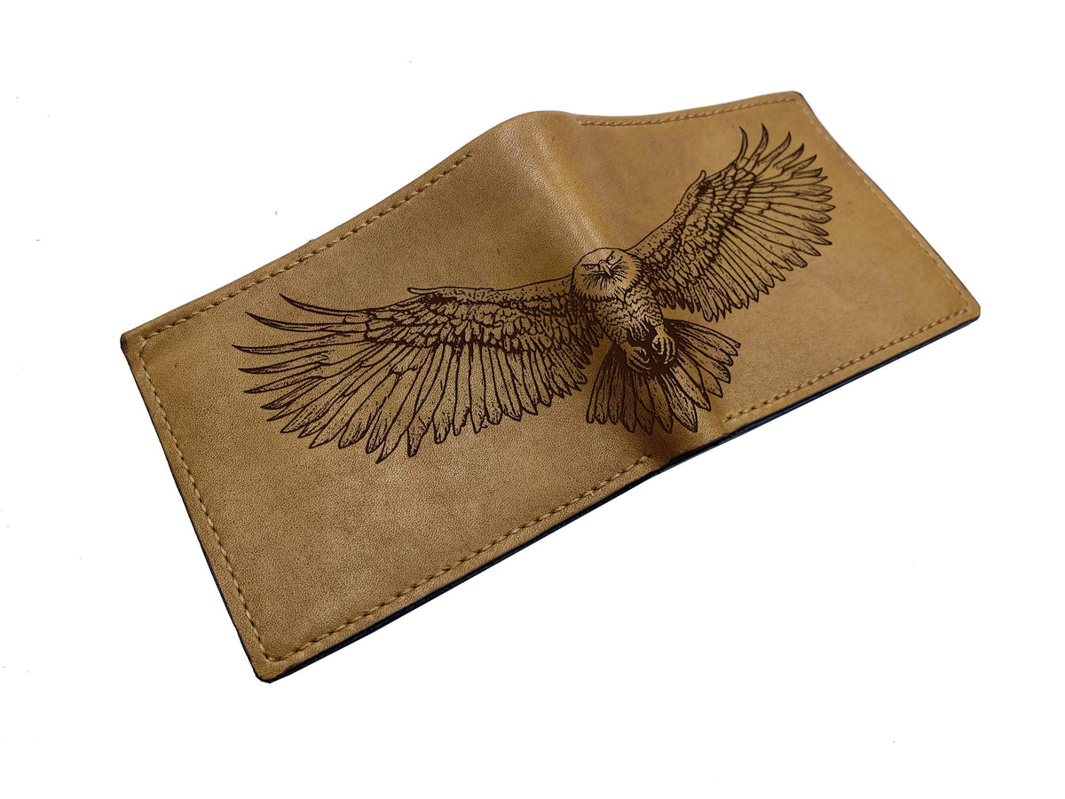 Engraved Eagle Leather Wallet, Genuine Handmade Bifold, Anniversary Gift for Him